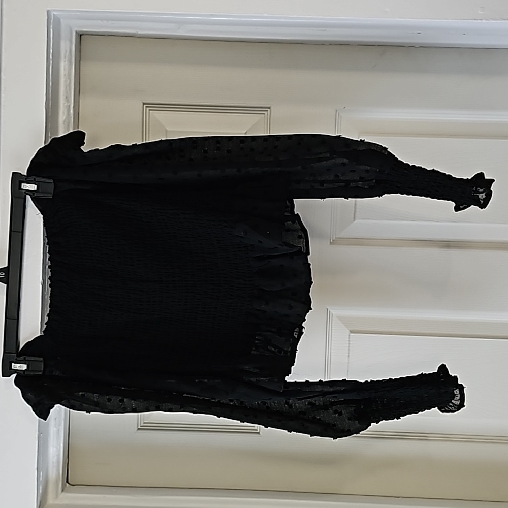 Q&A swiss dot pattern, square neckline, smocked bodice, sheer long bishop sleeve